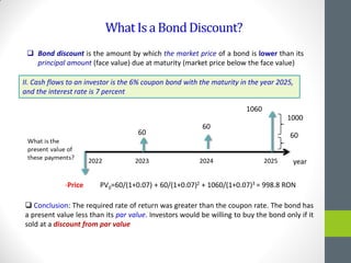 WhatIsaBondDiscount?
year
-Price
60
60
1060
60
1000
2022 2023 2024 2025
II. Cash flows to an investor is the 6% coupon bond with the maturity in the year 2025,
and the interest rate is 7 percent
PV0=60/(1+0.07) + 60/(1+0.07)2 + 1060/(1+0.07)3 = 998.8 RON
 Conclusion: The required rate of return was greater than the coupon rate. The bond has
a present value less than its par value. Investors would be willing to buy the bond only if it
sold at a discount from par value
 Bond discount is the amount by which the market price of a bond is lower than its
principal amount (face value) due at maturity (market price below the face value)
 