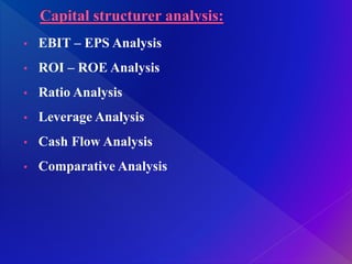 • EBIT – EPS Analysis
• ROI – ROE Analysis
• Ratio Analysis
• Leverage Analysis
• Cash Flow Analysis
• Comparative Analysis
 