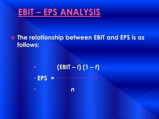  The relationship between EBIT and EPS is as
follows:
 (EBIT – I) (1 – t)
 EPS =
 n
 