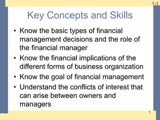1-1 1-1
1
Key Concepts and Skills
• Know the basic types of financial
management decisions and the role of
the financial manager
• Know the financial implications of the
different forms of business organization
• Know the goal of financial management
• Understand the conflicts of interest that
can arise between owners and
managers
 