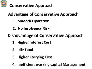 Conservative Approach
Advantage of Conservative Approach
1. Smooth Operation
2. No Insolvency Risk
Disadvantage of Conservative Approach
1. Higher Interest Cost
2. Idle Fund
3. Higher Carrying Cost
4. Inefficient working capital Management
 