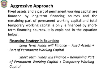 Aggressive Approach
Fixed assets and a part of permanent working capital are
financed by long-term financing sources and the
remaining part of permanent working capital and total
temporary working capital is only is financed by short-
term financing sources. It is explained in the equation
below:
Financing Strategy in Equation:
Long Term Funds will Finance = Fixed Assets +
Part of Permanent Working Capital
Short Term Funds will Finance = Remaining Part
of Permanent Working Capital + Temporary Working
Capital
 