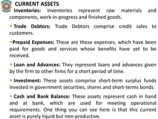 CURRENT ASSETS
• Inventories: Inventories represent raw materials and
components, work-in-progress and finished goods.
 Trade Debtors: Trade Debtors comprise credit sales to
customers.
Prepaid Expenses: These are those expenses, which have been
paid for goods and services whose benefits have yet to be
received.
 Loan and Advances: They represent loans and advances given
by the firm to other firms for a short period of time.
 Investment: These assets comprise short-term surplus funds
invested in government securities, shares and short-terms bonds.
 Cash and Bank Balance: These assets represent cash in hand
and at bank, which are used for meeting operational
requirements. One thing you can see here is that this current
asset is purely liquid but non-productive.
 