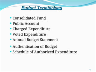  Consolidated Fund
 Public Account
 Charged Expenditure
 Voted Expenditure
 Annual Budget Statement
 Authentication of Budget
 Schedule of Authorized Expenditure
13
Budget Terminology
Budget Terminology
 