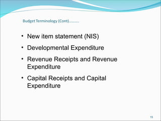 15
• New item statement (NIS)
• Developmental Expenditure
• Revenue Receipts and Revenue
Expenditure
• Capital Receipts and Capital
Expenditure
 