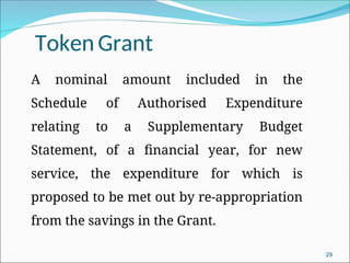 TokenGrant
A nominal amount included in the
Schedule of Authorised Expenditure
relating to a Supplementary Budget
Statement, of a financial year, for new
service, the expenditure for which is
proposed to be met out by re-appropriation
from the savings in the Grant.
29
 