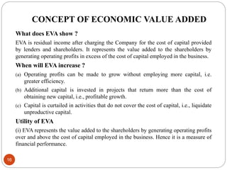 CONCEPT OF ECONOMIC VALUE ADDED
What does EVA show ?
EVA is residual income after charging the Company for the cost of capital provided
by lenders and shareholders. It represents the value added to the shareholders by
generating operating profits in excess of the cost of capital employed in the business.
When will EVA increase ?
(a) Operating profits can be made to grow without employing more capital, i.e.
greater efficiency.
(b) Additional capital is invested in projects that return more than the cost of
obtaining new capital, i.e., profitable growth.
(c) Capital is curtailed in activities that do not cover the cost of capital, i.e., liquidate
unproductive capital.
Utility of EVA
(i) EVA represents the value added to the shareholders by generating operating profits
over and above the cost of capital employed in the business. Hence it is a measure of
financial performance.
16
 