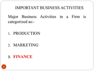 IMPORTANT BUSINESS ACTIVITIES
Major Business Activities in a Firm is
categorized as:-
1. PRODUCTION
2. MARKETING
3. FINANCE
4
 