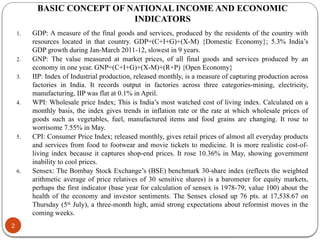 BASIC CONCEPT OF NATIONAL INCOME AND ECONOMIC
INDICATORS
1. GDP: A measure of the final goods and services, produced by the residents of the country with
resources located in that country. GDP=(C+I+G)+(X-M) {Domestic Economy}; 5.3% India’s
GDP growth during Jan-March 2011-12, slowest in 9 years.
2. GNP: The value measured at market prices, of all final goods and services produced by an
economy in one year. GNP=(C+I+G)+(X-M)+(R+P) {Open Economy}
3. IIP: Index of Industrial production, released monthly, is a measure of capturing production across
factories in India. It records output in factories across three categories-mining, electricity,
manufacturing, IIP was flat at 0.1% in April.
4. WPI: Wholesale price Index; This is India’s most watched cost of living index. Calculated on a
monthly basis, the index gives trends in inflation rate or the rate at which wholesale prices of
goods such as vegetables, fuel, manufactured items and food grains are changing. It rose to
worrisome 7.55% in May.
5. CPI: Consumer Price Index; released monthly, gives retail prices of almost all everyday products
and services from food to footwear and movie tickets to medicine. It is more realistic cost-of-
living index because it captures shop-end prices. It rose 10.36% in May, showing government
inability to cool prices.
6. Sensex: The Bombay Stock Exchange’s (BSE) benchmark 30-share index (reflects the weighted
arithmetic average of price relatives of 30 sensitive shares) is a barometer for equity markets,
perhaps the first indicator (base year for calculation of sensex is 1978-79; value 100) about the
health of the economy and investor sentiments. The Sensex closed up 76 pts. at 17,538.67 on
Thursday (5th
July), a three-month high, amid strong expectations about reformist moves in the
coming weeks.
2
 