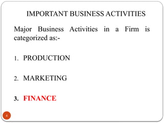 IMPORTANT BUSINESS ACTIVITIES
Major Business Activities in a Firm is
categorized as:-
1. PRODUCTION
2. MARKETING
3. FINANCE
4
 