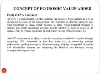 CONCEPT OF ECONOMIC VALUE ADDED
Utility of EVA Continued
(ii) EVA is a management tool that discloses the impact of both strategic as well as
operational decision of the management. The examples of strategic decisions are:
what investment to make, which business to exist, which financial structure is
optimal, etc. While operational decision include, whether to make in house or out
source, repair or replace equipment or, make short or long production runs, etc.
(iii) EVA can prove as an effective tool for increasing shareholders’ wealth, through
integrating EVA framework in four key areas, viz., to measuring business
performance, guiding managerial decision-making, aligning managerial incentives
with shareholder interests and improving the financial and business literacy
throughout the organisation.
17
 