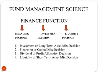 FUND MANAGEMENT SCIENCE
FINANCE FUNCTION
FINANCING INVESTMENT LIQUIDITY
DECISION DECISION DECISION
1. Investment or Long Term Asset Mix Decision
2. Financing or Capital Mix Decision
3. Dividend or Profit Allocation Decision
4. Liquidity or Short Term Asset Mix Decision
6
 