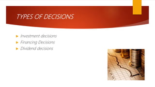 TYPES OF DECISIONS
 Investment decisions
 Financing Decisions
 Dividend decisions
 