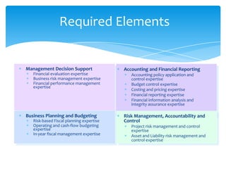 Required Elements


Management Decision Support               Accounting and Financial Reporting
   Financial evaluation expertise            Accounting policy application and
   Business risk management expertise        control expertise
   Financial performance management          Budget control expertise
   expertise
                                             Costing and pricing expertise
                                             Financial reporting expertise
                                             Financial information analysis and
                                             integrity assurance expertise

Business Planning and Budgeting           Risk Management, Accountability and
   Risk-based Fiscal planning expertise   Control
   Operating and cash-flow budgeting         Project risk management and control
   expertise                                 expertise
   In-year fiscal management expertise       Asset and Liability risk management and
                                             control expertise
 