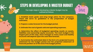 1. Establish basic goals and long-range plans for the company.
These will serve as guidelines in the preparation of budget
estimates.
2. Prepare a sales forecast for the budget period.
3. Estimate the cost of goods sold and operating expenses.
4. Determine the effect of budgeted operating results on assets,
liabilities and ownership equity accounts. The cash budget is the
largest part of this step, since changes in many asset and liability
accounts will depend upon the cash flow forecast.
5. Summarize the estimated data in the form of a projected income
statement for the budget period and the projected statement of
financial position as of the end of the budget period.
The major steps in developing a Master Budget may be
outlined as follows:
STEPS IN DEVELOPING A MASTER BUDGET
 
