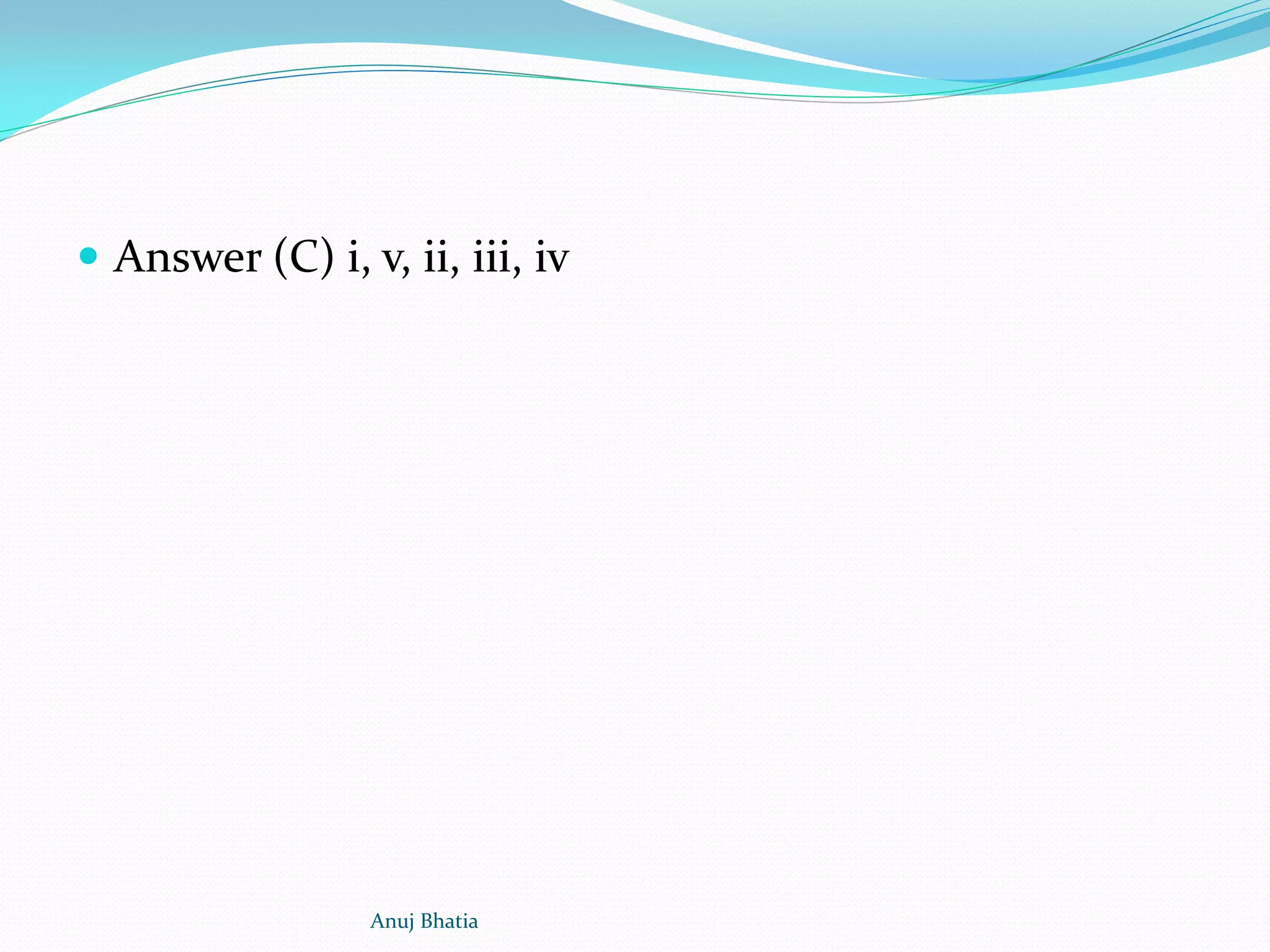  Answer (C) i, v, ii, iii, iv
Anuj Bhatia
 