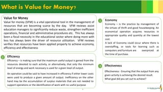 6
What is Value for Money?
Value for Money
Value for money (VFM) is a vital operational tool in the management of
resources that are becoming scarce by the day. VFM reviews assist
education managers to significantly reduce waste, strengthen inefficient
operations, financial and administrative procedures etc. This has always
been a focal necessity in the educational sector where doing more with
less has always been the driver of resource utilization. VFM reviews
verifies that resources have been applied properly to achieve economy,
efficiency and effectiveness
Economy
Economy – is the practice by management of
the virtues of thrift and good housekeeping. An
economical operation acquires resources in
appropriate quality and quantity at the lowest
cost.
A lack of Economy could occur where there is
overstaffing, or tools for learning such as
computers and furniture are overpriced at
the time of purchase.
Efficiency
Efficiency – is making sure that the maximum useful output is gained from the
resources devoted to each activity, or alternatively, that only the minimum
level of energy and work necessary is used for a given level of output.
An operation could be said to have increased in efficiency if either lower costs
were used to produce a given amount of output. Inefficiency on the other
hand may be the accumulation of surplus materials that are not needed to
support operations or the identification of work with no useful purpose
Effectiveness
Effectiveness - Ensuring that the output from any
given activity is achieving the desired result.
What goal did you set out to achieve?
1
2
3
 
