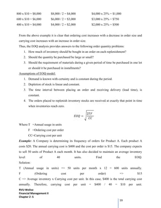 RVU-Woliso
Financial Management II
Chapter 2 -5
59
800 x $10 = $8,000 $8,000 / 2 = $4,000 $4,000 x 25% = $1,000
600 x $10 = $6,000 $6,000 / 2 = $3,000 $3,000 x 25% = $750
400 x $10 = $4,000 $4,000 / 2 = $2,000 $2,000 x 25% = $500
From the above example it is clear that ordering cost increases with a decrease in order size and
carrying cost increases with an increase in order size.
Thus, the EOQ analysis provides answers to the following order quantity problems:
1. How much of inventory should be bought in an order on each replenishment?
2. Should the quantity be purchased be large or small?
3. Should the requirement of materials during a given period of time be purchased in one lot
or should it be purchased in installments?
Assumptions of EOQ model:
1. Demand is known with certainty and is constant during the period.
2. Depletion of stock is linear and constant.
3. The time interval between placing an order and receiving delivery (lead time), is
constant.
4. The orders placed to replenish inventory stocks are received at exactly that point in time
when inventories reach zero.
=
2
Where:T =Annual usage in units
F =Ordering cost per order
CC=Carrying cost per unit
Example: A Company is determining its frequency of orders for Product A. Each product A
costs $20. The annual carrying cost is $400 and the cost per order is $15. The company expects
to sell 50 units of Product A each month. It has also decided to maintain an average inventory
level of 40 units. Find the EOQ.
Solution:
T (Annual usage in units) => 50 units per month x 12 = 600 units annually.
F (Ordering cost per order) => $15
C => Average inventory x Carrying cost per unit. In this case, $400 is the total carrying cost
annually. Therefore, carrying cost per unit = $400 / 40 = $10 per unit.
 