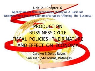Unit 2 : Chapter 6
Applications of Macroeconomics Theory as A Basis For
Understanding The Key Economic Variables Affecting The Business
PRODUCTION
BUSSINESS CYCLE
FISCAL POLICIES : THEIR NATURE
AND EFFECT ON ECONOMY
Carolyn B.Delos Reyes
San Juan ,Sto.Tomas, Batangas
 