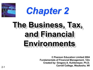 2-1
Chapter 2
The Business, Tax,
and Financial
Environments
© Pearson Education Limited 2004
Fundamentals of Financial Management, 12/e
Created by: Gregory A. Kuhlemeyer, Ph.D.
Carroll College, Waukesha, WI
 