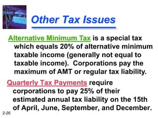 2-26
Other Tax Issues
Quarterly Tax Payments require
corporations to pay 25% of their
estimated annual tax liability on th...