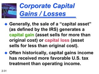 2-31
Corporate Capital
Gains / Losses
 Often historically, capital gains income
has received more favorable U.S. tax
trea...
