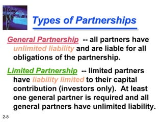 2-8
Types of Partnerships
Limited Partnership -- limited partners
have liability limited to their capital
contribution (in...