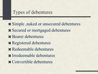 Types of debentures
Simple ,naked or unsecured debentures
Secured or mortgaged debentures
Bearer debentures
Registered debentures
Redeemable debentures
Irredeemable debentures
Convertible debentures
 