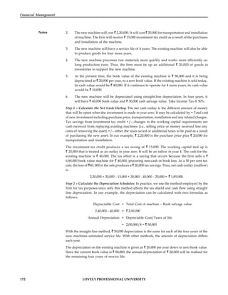 172 LOVELY PROFESSIONAL UNIVERSITY
Financial Management
Notes 2. The new machine will cost 2,20,000. It will cost 20,000 for transportation and installation
of machine. The firm will receive 15,000 investment tax credit as a result of the purchases
and installation of the machine.
3. The new machine will have a service life of 4 years. The existing machine will also be able
to produce goods for four more years.
4. The new machine processes raw materials more quickly and works more efficiently on
long production runs. Thus, the firm must tie up an additional 20,000 of goods in
inventories to support the new machine.
5. At the present time, the book value of the existing machine is 80,000 and it is being
depreciated at 20,000 per year, to a zero book value. If the existing machine is sold today,
its cash value would be 40,000. If it continues to operate for 4 more years, its cash value
would be 10,000.
6. The new machine will be depreciated using straight-line depreciation. In four years, it
will have 40,000 book value and 30,000 cash salvage value. Take Income Tax @ 50%.
Step 1 – Calculate the Net Cash Outlay: The net cash outlay is the different amount of money
that will be spent when the investment is made in year zero. It may be calculated by = Total cost
of new investment including purchase price, transportation, installation and any related charges.
Tax savings from investment tax credit +/– changes in the working capital requirements net
cash received from replacing existing machines (i.e., selling price or money received less any
costs of removing the asset) +/– either the taxes saved or additional taxes to be paid as a result
of purchasing the new asset. In our example, 2,20,000 is the purchase price plus 20,000 for
transportation and installation.
The investment tax credit produces a tax saving of 15,000. The working capital tied up is
20,000 that is treated as an outlay in year zero. It will be an inflow in year 4. The cash for the
existing machine is 40,000. The tax effect is a saving that occurs because the firm sells a
6,80,000 book value machine for 40,000, procuring non-cash or book loss. At a 50 per cent tax
rate, the loss of 40, 000 in the sale produces a 20,000 tax savings. Thus, net cash outlay (outflow)
is
2,20,000 + 20,000 – 15,000 + 20,000 – 40,000 – 20,000 = 1,85,000.
Step 2 – Calculate the Depreciation Schedules: In practice, we use the method employed by the
firm for tax purposes since only this method affects the tax shield and cash flow using straight
line depreciation. In our example, the depreciation can be calculated with two formulas as
follows:
Depreciable Cost = Total Cost of machine – Book salvage value
2,40,000 – 40,000 = 2,00,000
Annual Depreciation = Depreciable Cost/Years of life
= 2,00,000/4 = 50,000
With the straight-line method, 50,000 depreciation is the same for each of the four years of the
new machines estimated service life. With other methods, the amount of depreciation differs
each year.
The depreciation on the existing machine is given at 20,000 per year down to zero book value.
Since the current book value is 80,000, the annual depreciation of 20,000 will be realised for
the remaining four years of service life.
 