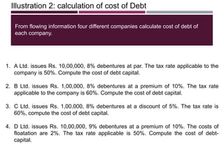 Illustration 2: calculation of cost of Debt
1. A Ltd. issues Rs. 10,00,000, 8% debentures at par. The tax rate applicable to the
company is 50%. Compute the cost of debt capital.
2. B Ltd. issues Rs. 1,00,000, 8% debentures at a premium of 10%. The tax rate
applicable to the company is 60%. Compute the cost of debt capital.
3. C Ltd. issues Rs. 1,00,000, 8% debentures at a discount of 5%. The tax rate is
60%, compute the cost of debt capital.
4. D Ltd. issues Rs. 10,00,000, 9% debentures at a premium of 10%. The costs of
floatation are 2%. The tax rate applicable is 50%. Compute the cost of debt-
capital.
From flowing information four different companies calculate cost of debt of
each company.
 