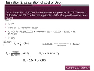 Illustration 2: calculation of cost of Debt
D Ltd. issues Rs. 10,00,000, 9% debentures at a premium of 10%. The costs
of floatation are 2%. The tax rate applicable is 50%. Compute the cost of debt-
capital.
Given:
 Kd = ?
 I= 9% on Rs. 10,00,000 = 90,000
 Np = On Rs. Rs. (10,00,000 + 1,00,000) 2% = 11,00,000 – 22,000 = Rs.
10,78,000
 t = 50%
Solution
:
Company (D) premium
 