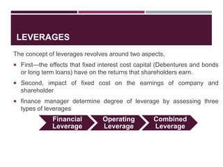LEVERAGES
The concept of leverages revolves around two aspects,
 First—the effects that fixed interest cost capital (Debentures and bonds
or long term loans) have on the returns that shareholders earn.
 Second, impact of fixed cost on the earnings of company and
shareholder
 finance manager determine degree of leverage by assessing three
types of leverages
Financial
Leverage
Operating
Leverage
Combined
Leverage
 