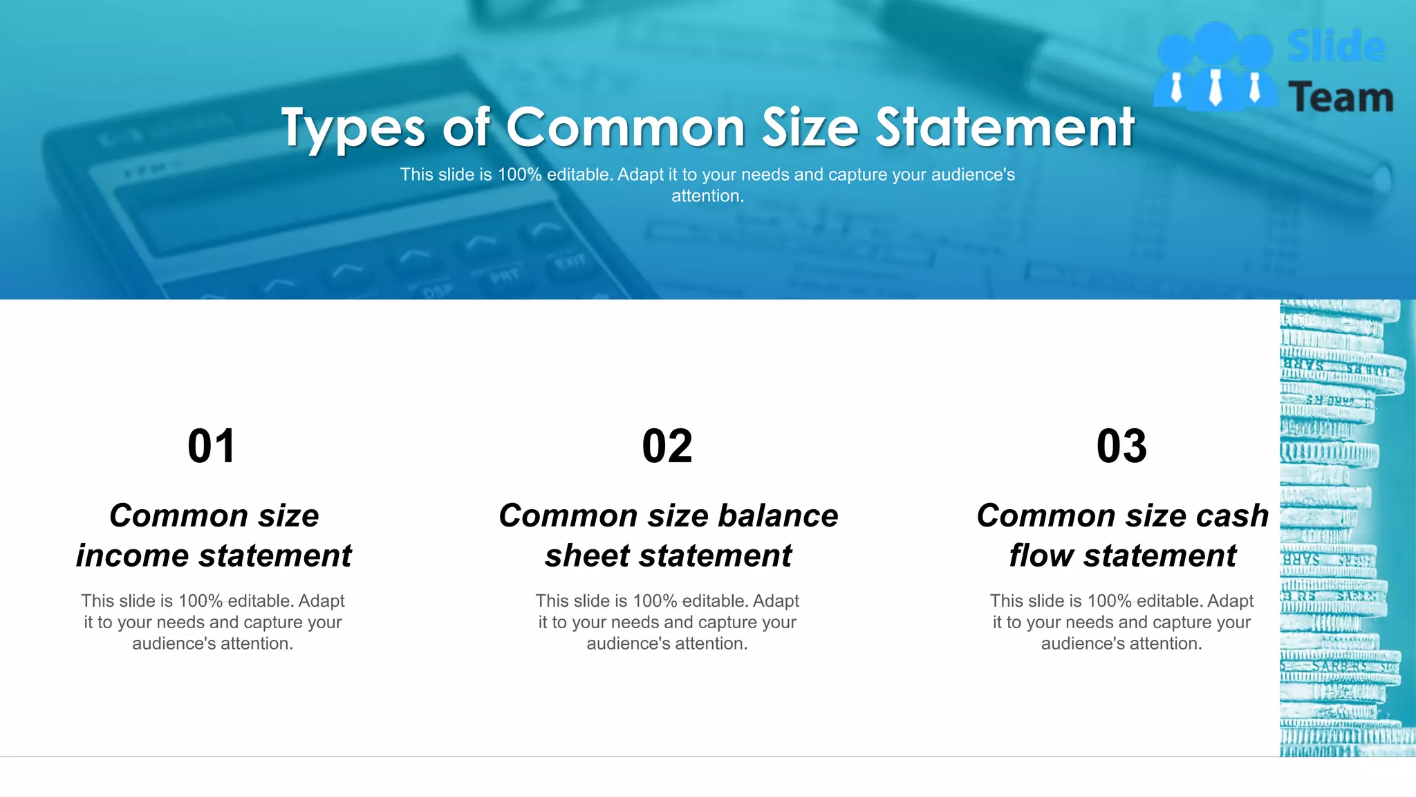 23
This slide is 100% editable. Adapt it to your needs and capture your audience's
attention.
Types of Common Size Statement
01
Common size
income statement
This slide is 100% editable. Adapt
it to your needs and capture your
audience's attention.
02
Common size balance
sheet statement
This slide is 100% editable. Adapt
it to your needs and capture your
audience's attention.
03
Common size cash
flow statement
This slide is 100% editable. Adapt
it to your needs and capture your
audience's attention.
This slide is 100% editable. Adapt it to your needs and capture your audience's attention.
 