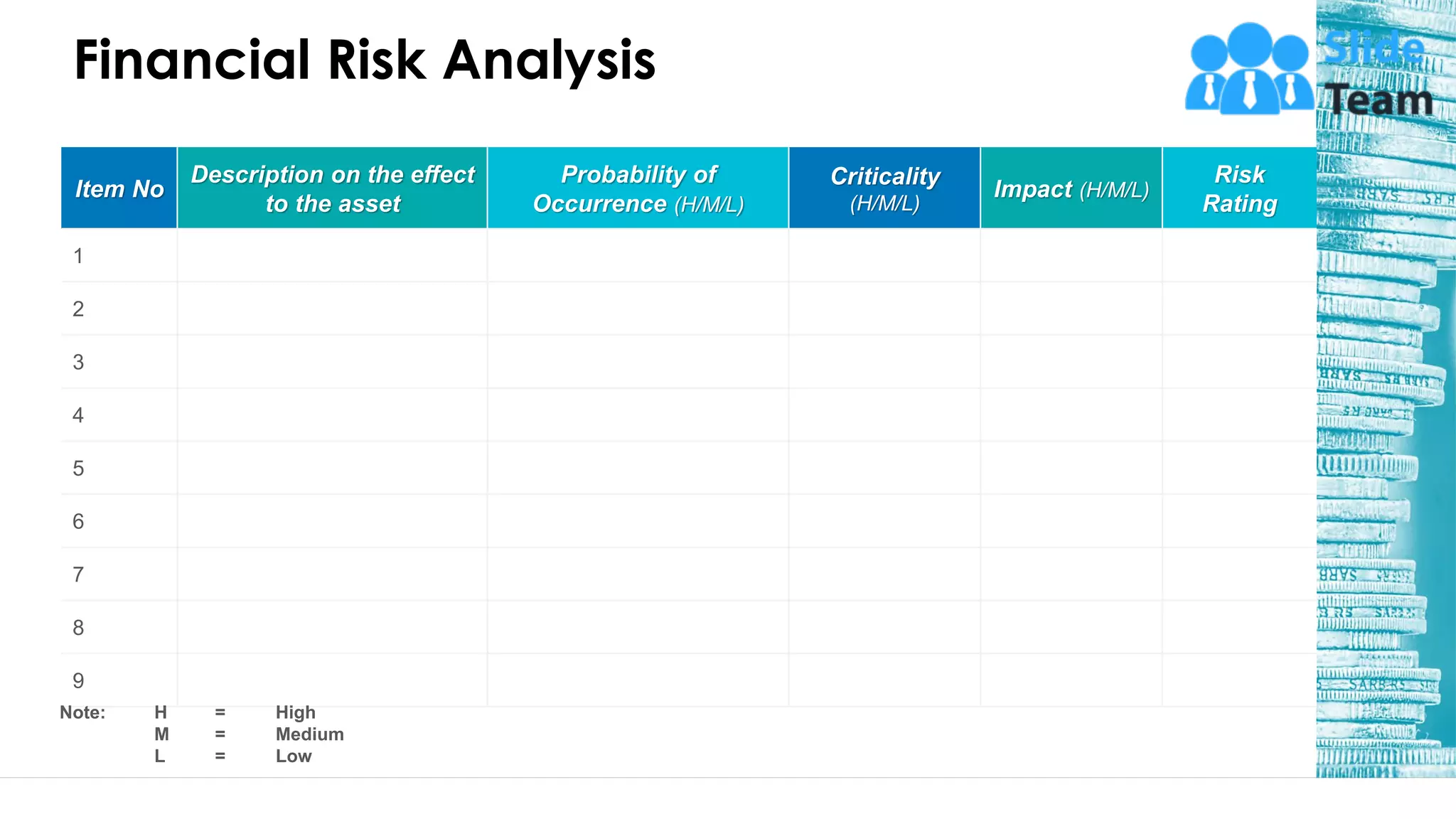 Financial Risk Analysis
Item No
Description on the effect
to the asset
Probability of
Occurrence (H/M/L)
Criticality
(H/M/L)
Impact (H/M/L)
Risk
Rating
1
2
3
4
5
6
7
8
9
Note: H
M
L
High
Medium
Low
=
=
=
This slide is 100% editable. Adapt it to your needs and capture your audience's attention. 60
 