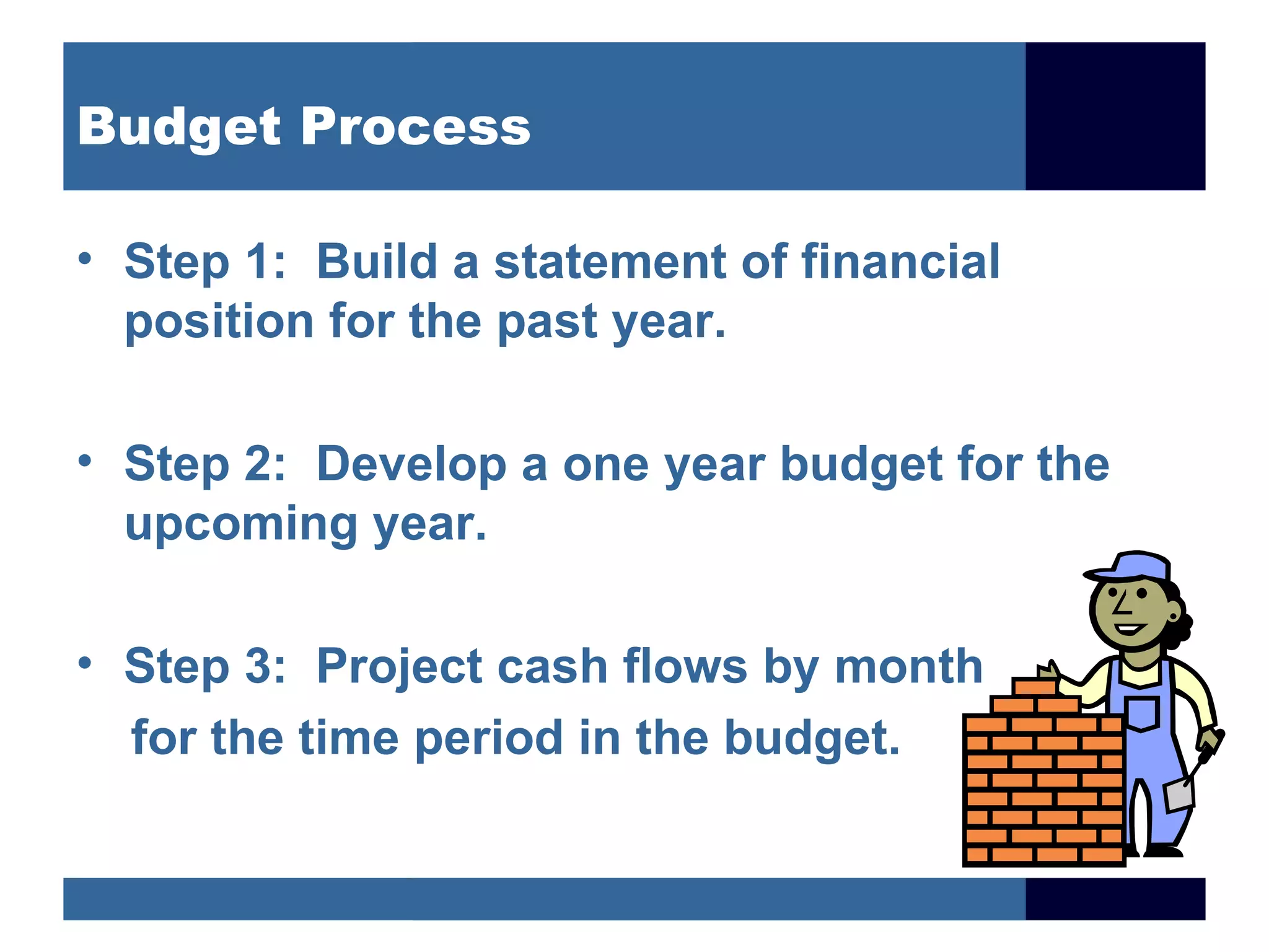 Budget Process

• Step 1: Build a statement of financial
  position for the past year.

• Step 2: Develop a one year budget for the
  upcoming year.

• Step 3: Project cash flows by month
  for the time period in the budget.
 