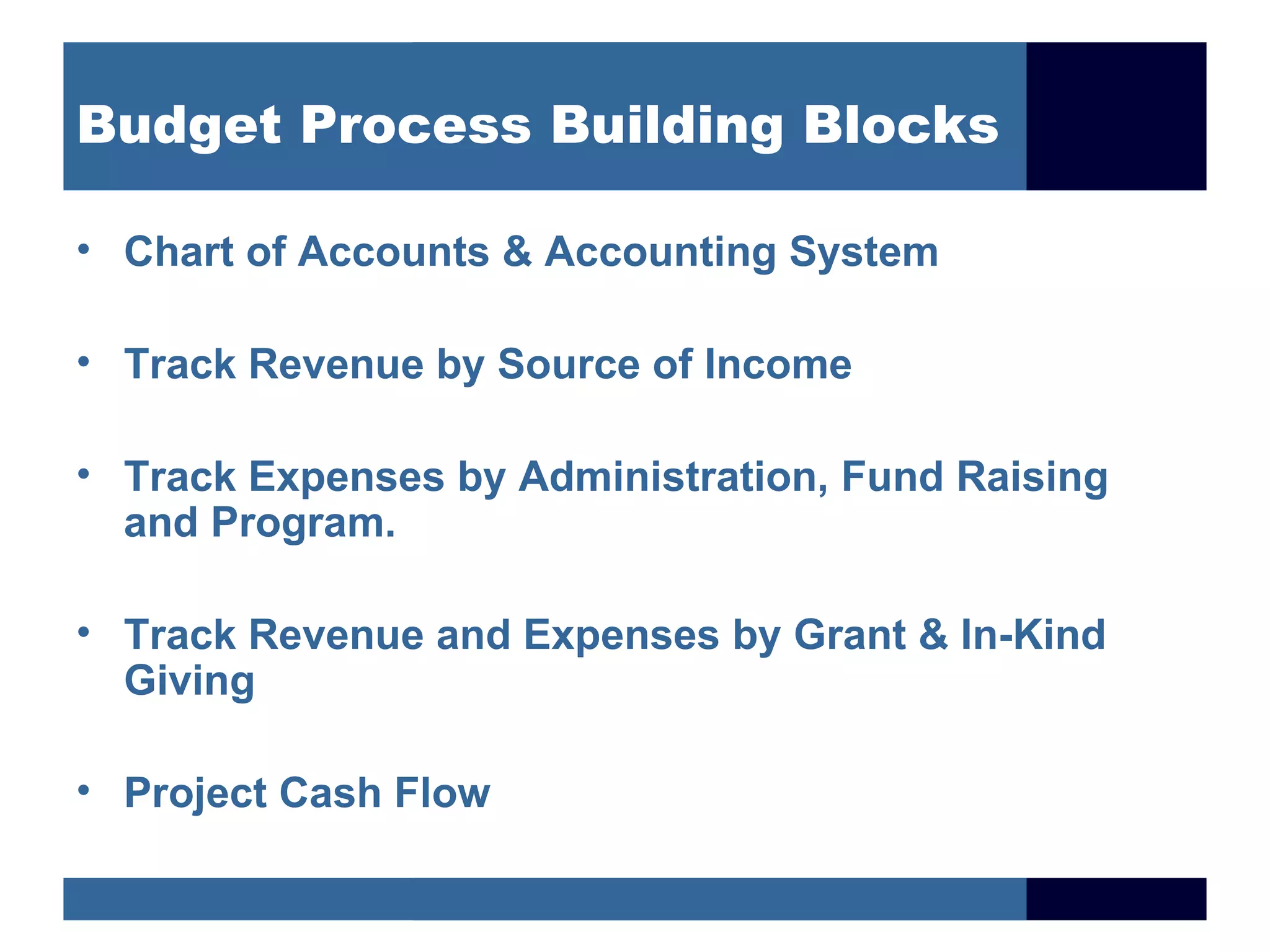 Budget Process Building Blocks

• Chart of Accounts & Accounting System

• Track Revenue by Source of Income

• Track Expenses by Administration, Fund Raising
  and Program.

• Track Revenue and Expenses by Grant & In-Kind
  Giving

• Project Cash Flow
 