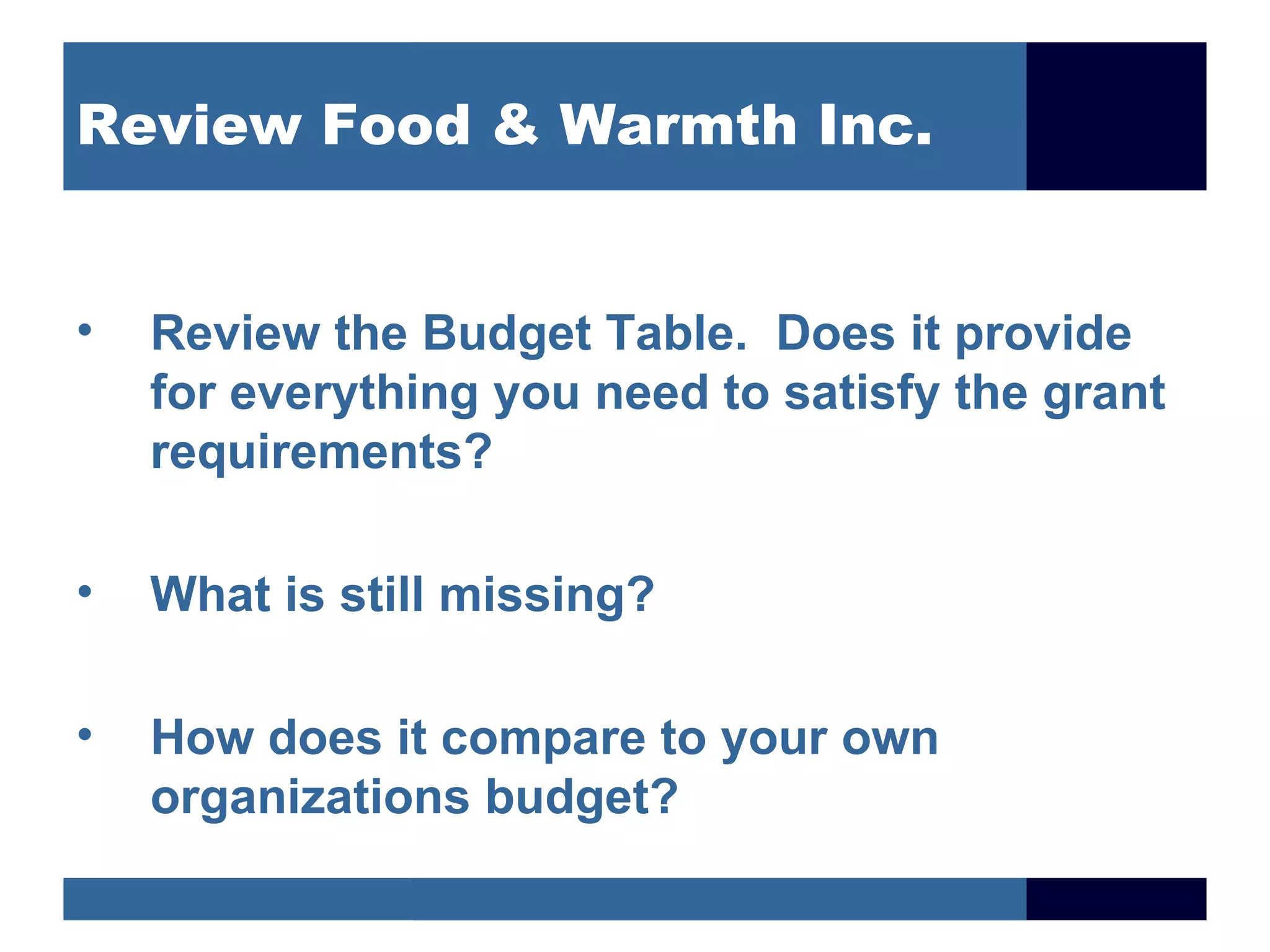 Review Food & Warmth Inc.


•   Review the Budget Table. Does it provide
    for everything you need to satisfy the grant
    requirements?

•   What is still missing?

•   How does it compare to your own
    organizations budget?
 