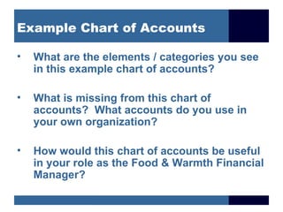 Example Chart of Accounts

•   What are the elements / categories you see
    in this example chart of accounts?

•   What is missing from this chart of
    accounts? What accounts do you use in
    your own organization?

•   How would this chart of accounts be useful
    in your role as the Food & Warmth Financial
    Manager?
 