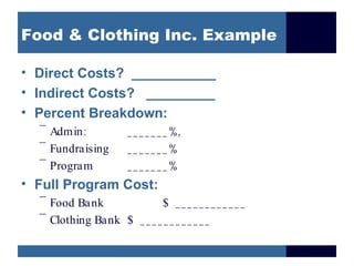 Food & Clothing Inc. Example

• Direct Costs? ___________
• Indirect Costs? _________
• Percent Breakdown:
  –
    Admin :        _ _ _ _ _ _ _ %,
  –
    Fundraising    _______%
  –
    Program        _______%
• Full Program Cost:
  –
    Food Bank              $ ____________
  –
    Clothing Bank $ _ _ _ _ _ _ _ _ _ _ _ _
 