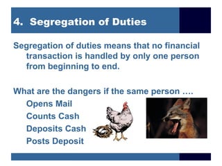 4. Segregation of Duties

Segregation of duties means that no financial
  transaction is handled by only one person
  from beginning to end.

What are the dangers if the same person ….
  Opens Mail
  Counts Cash
  Deposits Cash
  Posts Deposit
 