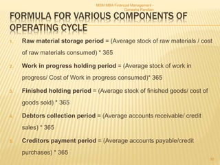 FORMULA FOR VARIOUS COMPONENTS OF
OPERATING CYCLE
1. Raw material storage period = (Average stock of raw materials / cost
of raw materials consumed) * 365
2. Work in progress holding period = (Average stock of work in
progress/ Cost of Work in progress consumed)* 365
3. Finished holding period = (Average stock of finished goods/ cost of
goods sold) * 365
4. Debtors collection period = (Average accounts receivable/ credit
sales) * 365
5. Creditors payment period = (Average accounts payable/credit
purchases) * 365
MSM MBA Financial Management -
Ganesha Pandian
30
 
