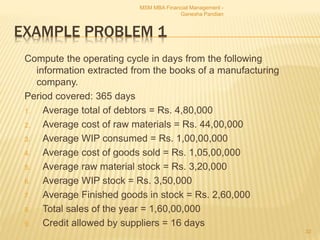 EXAMPLE PROBLEM 1
Compute the operating cycle in days from the following
information extracted from the books of a manufacturing
company.
Period covered: 365 days
1. Average total of debtors = Rs. 4,80,000
2. Average cost of raw materials = Rs. 44,00,000
3. Average WIP consumed = Rs. 1,00,00,000
4. Average cost of goods sold = Rs. 1,05,00,000
5. Average raw material stock = Rs. 3,20,000
6. Average WIP stock = Rs. 3,50,000
7. Average Finished goods in stock = Rs. 2,60,000
8. Total sales of the year = 1,60,00,000
9. Credit allowed by suppliers = 16 days
MSM MBA Financial Management -
Ganesha Pandian
32
 