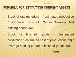 FORMULA FOR ESTIMATING CURRENT ASSETS
a. Stock of raw materials = [ estimated production
* estimated cost of RM/unit]*Average RM
holding period/365
b. Stock of finished goods = [estimated
production * estimated cost of production/unit] *
average holding period of finished goods/365
MSM MBA Financial Management -
Ganesha Pandian
35
Contd…
 