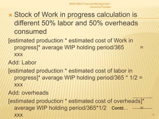  Stock of Work in progress calculation is
different 50% labor and 50% overheads
consumed
[estimated production * estimated cost of Work in
progress]* average WIP holding period/365 =
xxx
Add: Labor
[estimated production * estimated cost of labor in
progress]* average WIP holding period/365 * 1/2 =
xxx
Add: overheads
[estimated production * estimated cost of overheads]*
average WIP holding period/365*1/2 =
xxx
MSM MBA Financial Management -
Ganesha Pandian
36
Contd…
 
