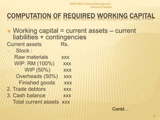 COMPUTATION OF REQUIRED WORKING CAPITAL
 Working capital = current assets – current
liabilities + contingencies
Current assets Rs.
1. Stock :
Raw materials xxx
WIP: RM (100%) xxx
WIP (50%) xxx
Overheads (50%) xxx
Finished goods xxx
2. Trade debtors xxx
3. Cash balance xxx
Total current assets xxx
MSM MBA Financial Management -
Ganesha Pandian
39
Contd…
 