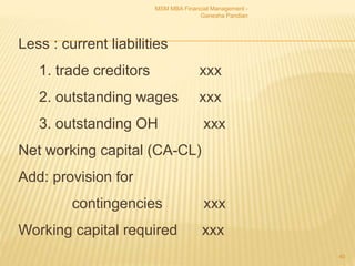 Less : current liabilities
1. trade creditors xxx
2. outstanding wages xxx
3. outstanding OH xxx
Net working capital (CA-CL)
Add: provision for
contingencies xxx
Working capital required xxx
MSM MBA Financial Management -
Ganesha Pandian
40
 