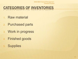 CATEGORIES OF INVENTORIES
1. Raw material
2. Purchased parts
3. Work in progress
4. Finished goods
5. Supplies
MSM MBA Financial Management -
Ganesha Pandian
80
 