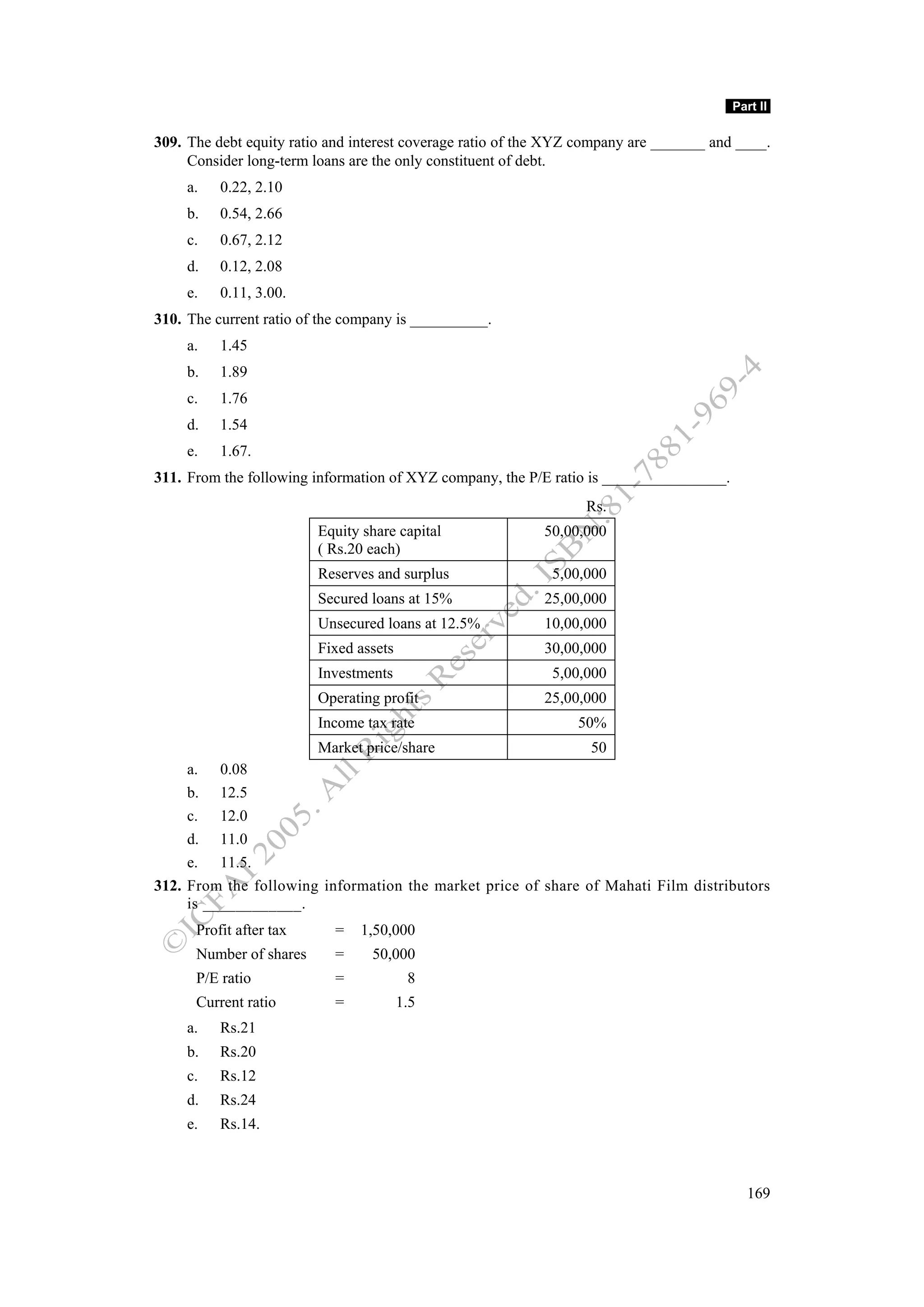 Part II

309. The debt equity ratio and interest coverage ratio of the XYZ company are _______ and ____.
     Consider long-term loans are the only constituent of debt.
     a.   0.22, 2.10
     b.   0.54, 2.66
     c.   0.67, 2.12
     d.   0.12, 2.08
     e.   0.11, 3.00.
310. The current ratio of the company is __________.
     a.   1.45
     b.   1.89
     c.   1.76
     d.   1.54
     e.   1.67.
311. From the following information of XYZ company, the P/E ratio is ________________.
                                                                  Rs.
                         Equity share capital               50,00,000
                         ( Rs.20 each)
                         Reserves and surplus                5,00,000
                         Secured loans at 15%               25,00,000
                         Unsecured loans at 12.5%           10,00,000
                         Fixed assets                       30,00,000
                         Investments                         5,00,000
                         Operating profit                   25,00,000
                         Income tax rate                         50%
                       Market price/share                      50
     a. 0.08
     b. 12.5
     c. 12.0
     d. 11.0
     e. 11.5.
312. From the following information the market price of share of Mahati Film distributors
     is ____________.
      Profit after tax     =   1,50,000
      Number of shares     =     50,000
      P/E ratio            =             8
      Current ratio        =            1.5
     a.   Rs.21
     b.   Rs.20
     c.   Rs.12
     d.   Rs.24
     e.   Rs.14.



                                                                                           169
 