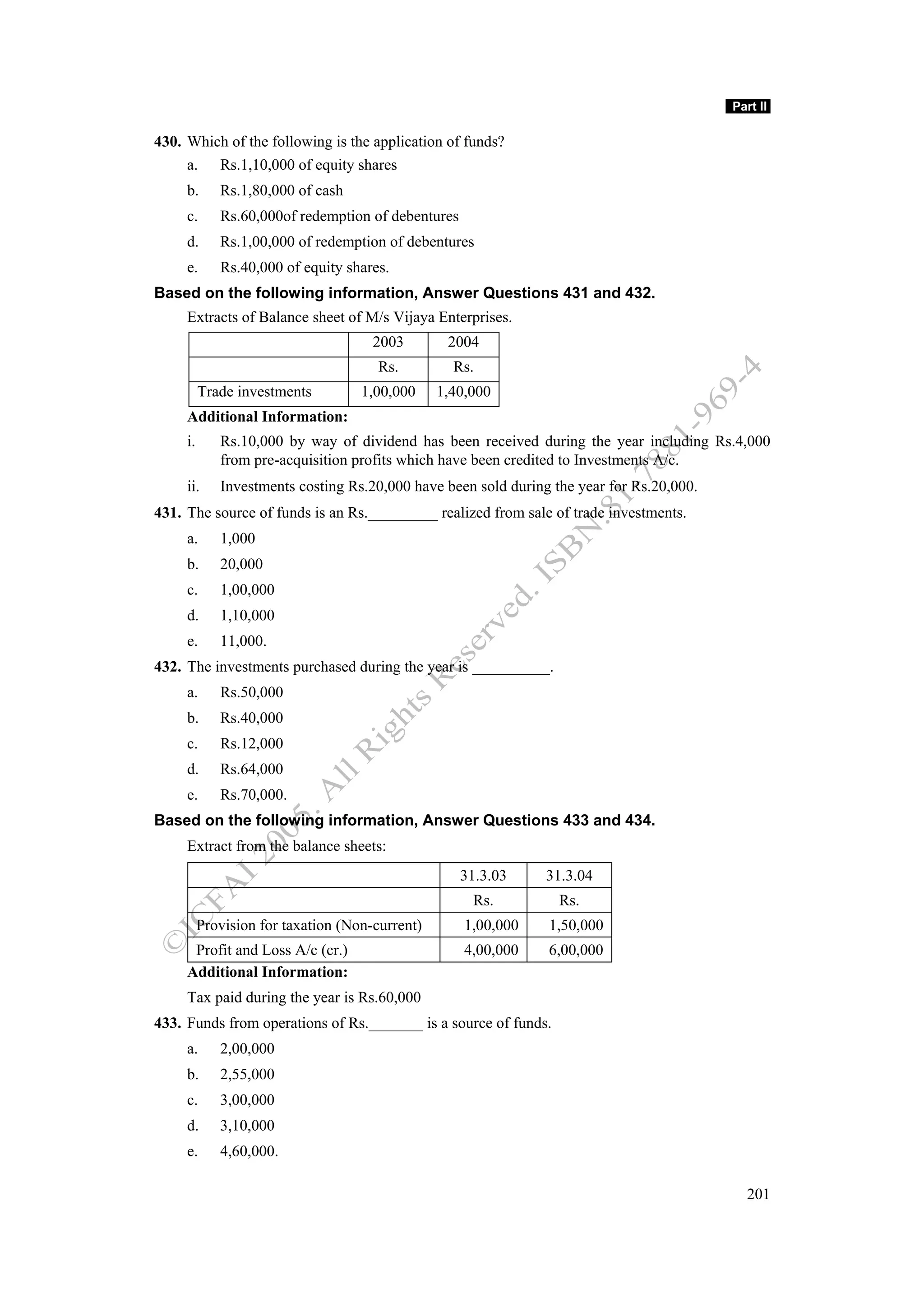 Part II

430. Which of the following is the application of funds?
     a. Rs.1,10,000 of equity shares
     b.      Rs.1,80,000 of cash
     c.      Rs.60,000of redemption of debentures
     d.      Rs.1,00,000 of redemption of debentures
     e.      Rs.40,000 of equity shares.
Based on the following information, Answer Questions 431 and 432.
     Extracts of Balance sheet of M/s Vijaya Enterprises.
                                      2003        2004
                                       Rs.         Rs.
          Trade investments         1,00,000     1,40,000
     Additional Information:
     i.      Rs.10,000 by way of dividend has been received during the year including Rs.4,000
             from pre-acquisition profits which have been credited to Investments A/c.
     ii.     Investments costing Rs.20,000 have been sold during the year for Rs.20,000.
431. The source of funds is an Rs._________ realized from sale of trade investments.
     a.      1,000
     b.      20,000
     c.      1,00,000
     d.      1,10,000
     e.      11,000.
432. The investments purchased during the year is __________.
     a.      Rs.50,000
     b.      Rs.40,000
     c.      Rs.12,000
     d.      Rs.64,000
     e.      Rs.70,000.
Based on the following information, Answer Questions 433 and 434.
     Extract from the balance sheets:
                                                    31.3.03     31.3.04
                                                      Rs.         Rs.
          Provision for taxation (Non-current)       1,00,000   1,50,000
      Profit and Loss A/c (cr.)                      4,00,000   6,00,000
     Additional Information:
     Tax paid during the year is Rs.60,000
433. Funds from operations of Rs._______ is a source of funds.
     a.      2,00,000
     b.      2,55,000
     c.      3,00,000
     d.      3,10,000
     e.      4,60,000.

                                                                                             201
 
