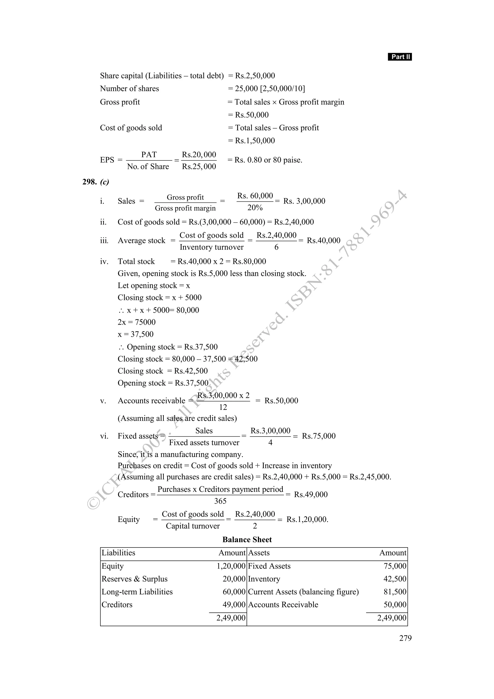 Part II

     Share capital (Liabilities – total debt) = Rs.2,50,000
     Number of shares                          = 25,000 [2,50,000/10]
     Gross profit                              = Total sales × Gross profit margin
                                               = Rs.50,000
     Cost of goods sold                        = Total sales – Gross profit
                                               = Rs.1,50,000
                  PAT        Rs.20, 000
     EPS =                 =                   = Rs. 0.80 or 80 paise.
              No. of Share   Rs.25, 000
298. (c)
                          Gross profit           Rs. 60,000
     i.     Sales =                        =                = Rs. 3,00,000
                       Gross profit margin          20%
     ii.    Cost of goods sold = Rs.(3,00,000 – 60,000) = Rs.2,40,000
                              Cost of goods sold   Rs.2,40,000
     iii.   Average stock =                      =             = Rs.40,000
                              Inventory turnover        6
     iv.    Total stock    = Rs.40,000 x 2 = Rs.80,000
            Given, opening stock is Rs.5,000 less than closing stock.
            Let opening stock = x
            Closing stock = x + 5000
            ∴ x + x + 5000= 80,000
            2x = 75000
            x = 37,500
            ∴ Opening stock = Rs.37,500
            Closing stock = 80,000 – 37,500 = 42,500
            Closing stock = Rs.42,500
            Opening stock = Rs.37,500
                                     Rs.3,00,000 x 2
     v.     Accounts receivable =                     = Rs.50,000
                                            12
            (Assuming all sales are credit sales)
                                     Sales           Rs.3,00,000
     vi.    Fixed assets =                         =             = Rs.75,000
                             Fixed assets turnover        4
            Since, it is a manufacturing company.
            Purchases on credit = Cost of goods sold + Increase in inventory
            (Assuming all purchases are credit sales) = Rs.2,40,000 + Rs.5,000 = Rs.2,45,000.
                          Purchases x Creditors payment period
            Creditors =                                        = Rs.49,000
                                           365
                          Cost of goods sold Rs.2,40,000
            Equity    =                     =            = Rs.1,20,000.
                           Capital turnover       2
                                           Balance Sheet
     Liabilities                          Amount Assets                                  Amount
     Equity                               1,20,000 Fixed Assets                           75,000
     Reserves & Surplus                    20,000 Inventory                               42,500
     Long-term Liabilities                 60,000 Current Assets (balancing figure)       81,500
     Creditors                             49,000 Accounts Receivable                     50,000
                                          2,49,000                                      2,49,000

                                                                                                  279
 